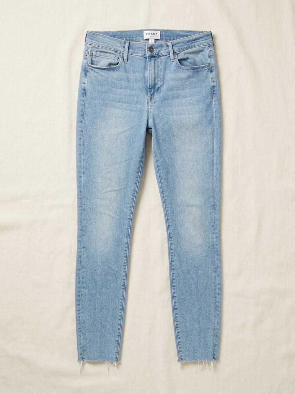 FRAME Le High Skinny Jeans Size 32 Light Wash Raw Hem Stretch Denim